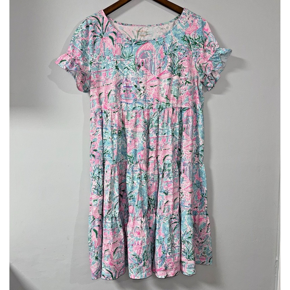 Lilly Pulitzer Pink and Aqua Tiered Tropical Mini Dress